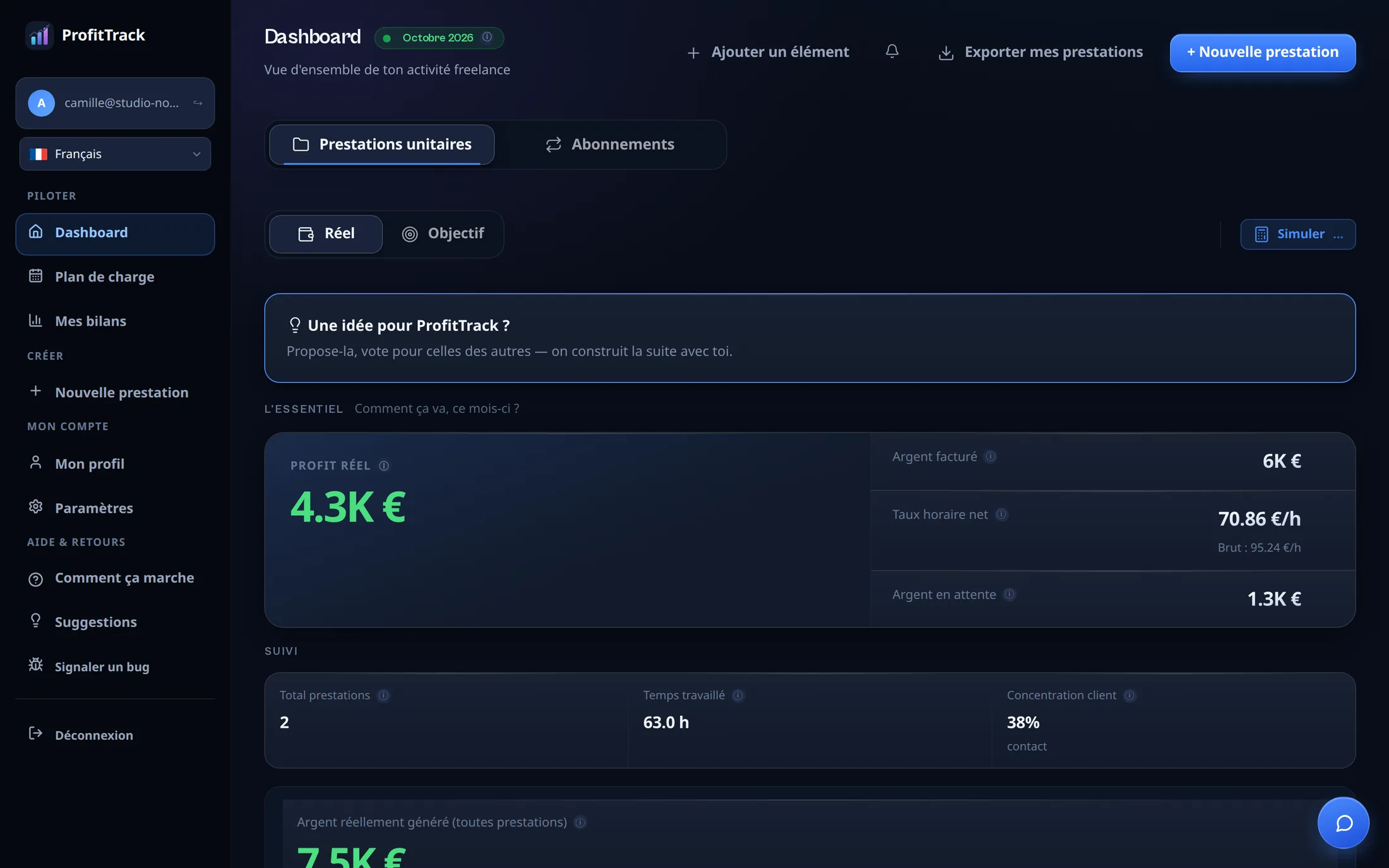 Tableau de bord ProfitTrack : profit réel, taux horaire net et argent en attente